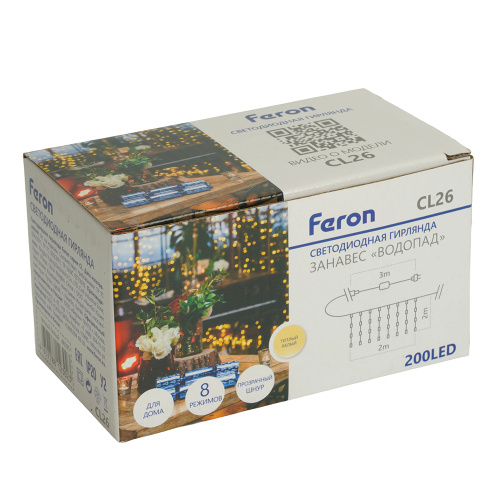 Светодиодная гирлянда Feron CL26 занавес Водопад  2*2м  + 3м 230V 2700К с контроллером, c питанием от сети, прозрачный шнур фото 3