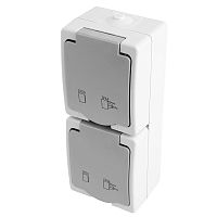 Розетка 2-местная с крышкой с/з STEKKER PST16-22-54V, пластик АВS, 250В, 16А, IP54,  белый/серый
