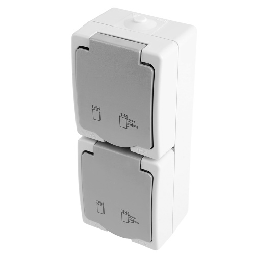 Розетка 2-местная с крышкой с/з STEKKER PST16-22-54V, пластик АВS, 250В, 16А, IP54,  белый/серый