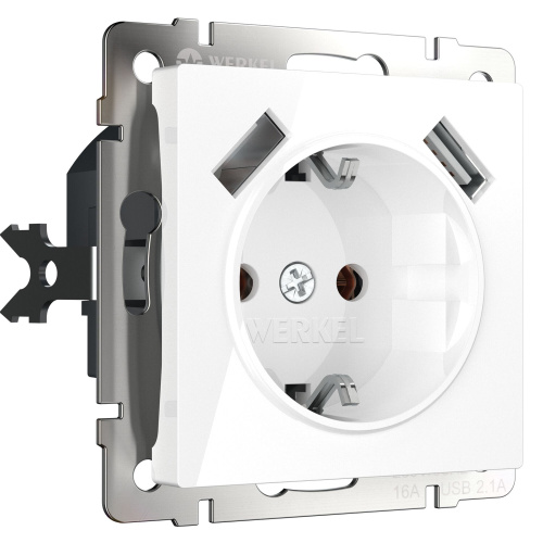 Розетка с заземлением, шторками и USBх2 (белая) W1171501 Розетка с заземлением, шторками и USBх2 (белая) W1171501
