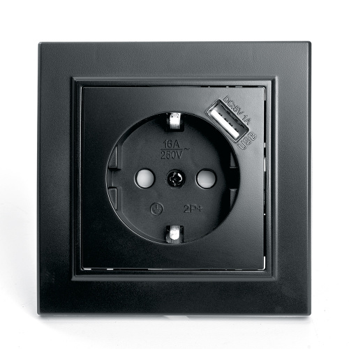 Розетка 1-местная c/з и с USB STEKKER, PST16-9011-03, 250В, 16А, с защитной шторкой, серия Эрна, черный