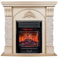 Каминокомплект ATHENA/АТЛАНТА Бежевый дуб с золотой патиной с очагом Электроочаг MAJESTIC LUX RC/МАДЖЕСТИК С ПУЛЬТОМ