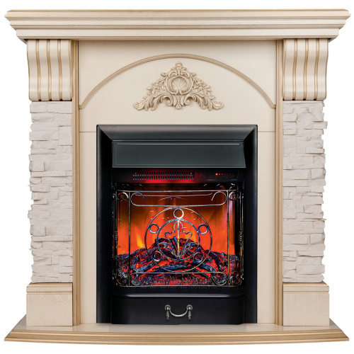 Каминокомплект ATHENA/АТЛАНТА Бежевый дуб с золотой патиной с очагом Электроочаг MAJESTIC LUX RC/МАДЖЕСТИК С ПУЛЬТОМ