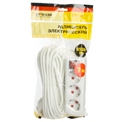 Удлинитель трехместный с/з  с выключ. STEKKER HM07-31-07 3x1мм2, 7м, серия Home (У16А-002), белый фото 9