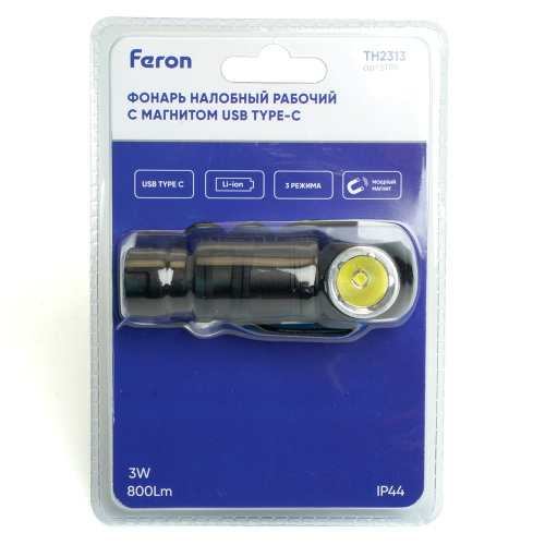 Фонарь налобный Feron TH2313 с аккумулятором 3W 1COB USB IP44, алюминий фото 10