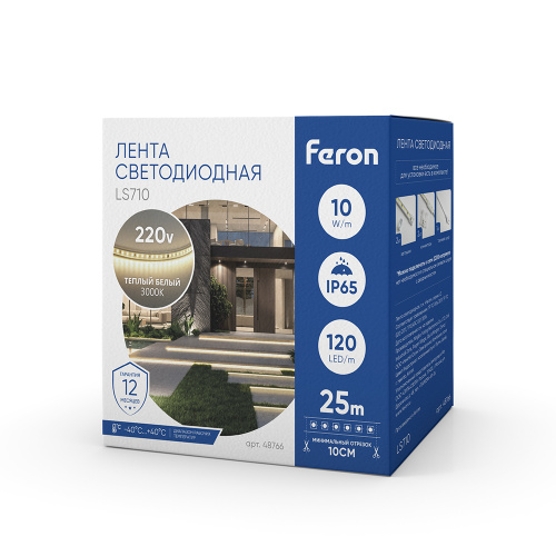 Светодиодная LED лента Feron LS710, 120SMD(2835)/м 10Вт/м 220V длина 25м, 3000K, IP65, с 1 сетевым шнуром, 2 заглушками, 2 коннекторами в комплекте фото 6