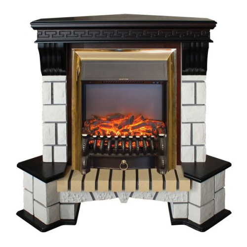 Электрокамин RealFlame Stone Coner AO античный дуб с очагом Fobos Lux Brass