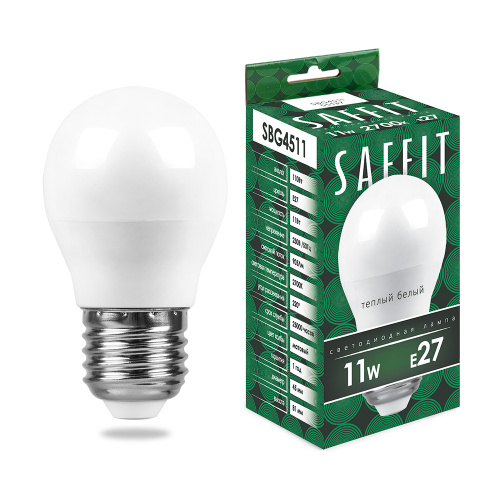 Лампа светодиодная SAFFIT SBG4511 Шарик E27 11W 230V 2700K Лампа светодиодная SAFFIT SBG4511 Шарик E27 11W 230V 2700K