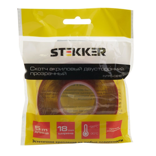 Скотч акриловый двусторонний STEKKER INTP5-0818-5 0,8*18 мм,длина 5м, прозрачный , красная подложка фото 2