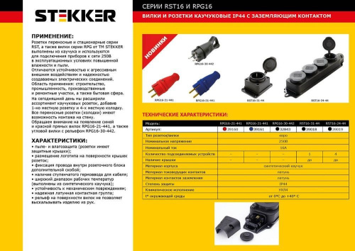 Вилка угловая с/з STEKKER, RPG16-30-442, каучук, 250В,16A, IP44, черный фото 2