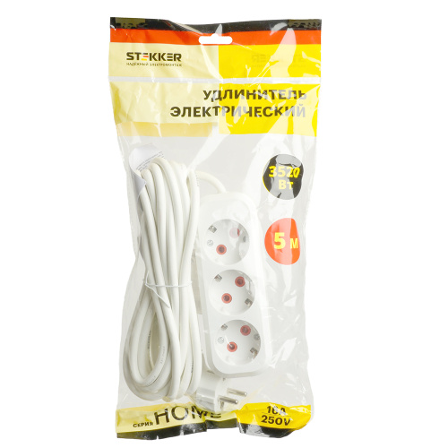 Удлинитель трехместный с/з  STEKKER HM06-31-05 3x1мм2, 5м, серия Home (У10-002), белый фото 10