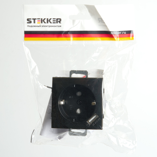 Розетка 1-местная с/з (механизм), STEKKER, PST16-9111-03, 250В, 16А с защ. шторкой и с USB, серия Эрна, черный фото 6