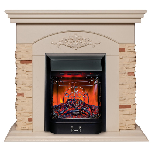 Каминокомплект NEAPOLIS/ЛАНКАСТЕР Слоновая кость с очагом Электроочаг MAJESTIC LUX RC/МАДЖЕСТИК С ПУЛЬТОМ