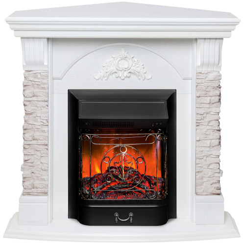 Каминокомплект ATHENA CORNER/АТЛАНТА УГЛ. GR Белый дуб с очагом Электроочаг MAJESTIC LUX/МАДЖЕСТИК