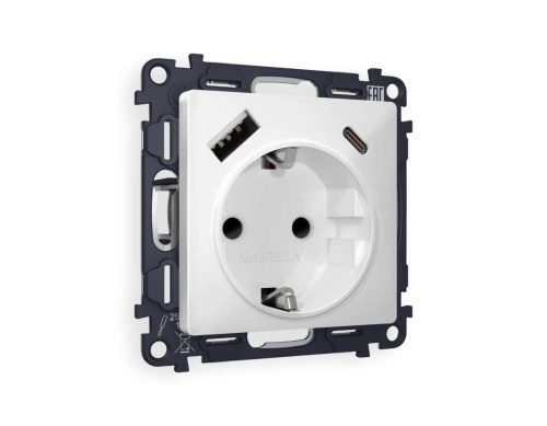 Комплект механизма электрической розетки AMBRELLA VOLT ALFA Белый матовый 2USB A+C 20W (быстрая зарядка) с/з QUANT (AP1300, VM160) MA130010
