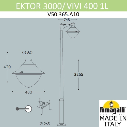 Fumagalli Парковый фонарь  FUMAGALLI EKTOR 3000/MIDIPILAR/VIVI 1L LED-HIP V50.365.A10.AXH27 фото 2