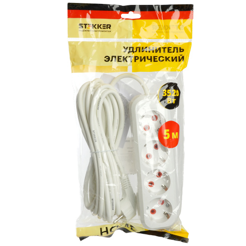 Удлинитель  четырехместный c/з STEKKER HM06-40-05 3x1мм2, 5м, серия Home (У10-429), белый фото 9