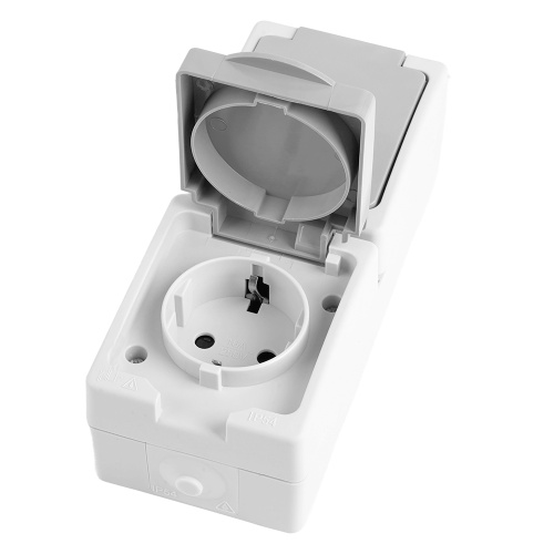 Розетка 2-местная с крышкой с/з STEKKER PST16-22-54V, пластик АВS, 250В, 16А, IP54,  белый/серый фото 6