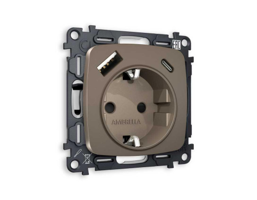 Комплект механизма электрической розетки AMBRELLA VOLT OMEGA Темная бронза матовый 2USB A+C 20W (быстрая зарядка) с/з QUANT (OP6400, VM160) MO640010