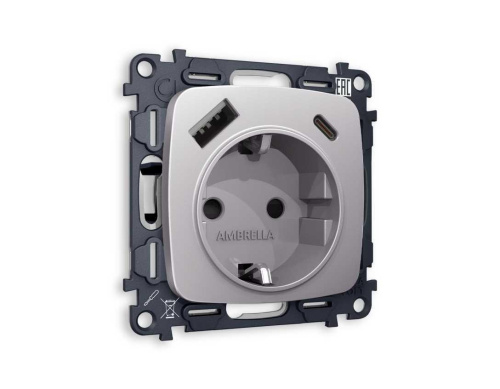 Комплект механизма электрической розетки AMBRELLA VOLT OMEGA Сталь матовый 2USB A+C 20W (быстрая зарядка) с/з QUANT (OP5100, VM160) MO510010