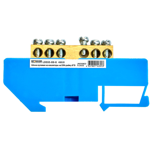 Шина"N" на изоляторе STEKKER 6*9 на DIN-рейку 6 выводов, синий, LD555-69-6 фото 3