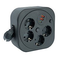 HM16-4-03-USB  Удлинитель 4-местный с/з, 3x1,5мм2, 3м, 230В, 16А, 2USB+1С, 2,4А, черный