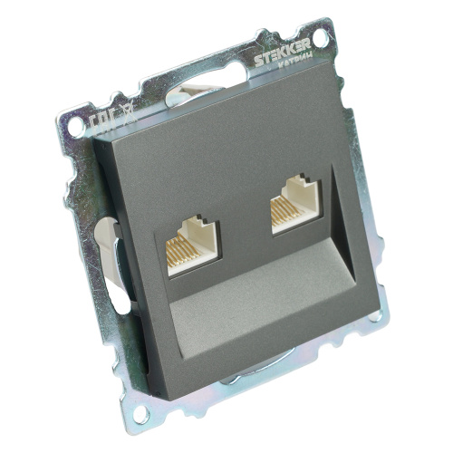 Розетка компьютерная 2-местная RJ-45 (механизм) STEKKER GLS00-7109-06 , серия Катрин, графит фото 3