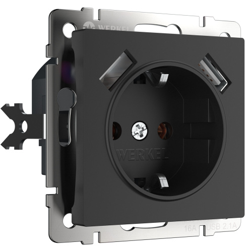 Розетка с заземлением, шторками и USBх2 (черный матовый) W1171508 Розетка с заземлением, шторками и USBх2 (черный матовый) W1171508