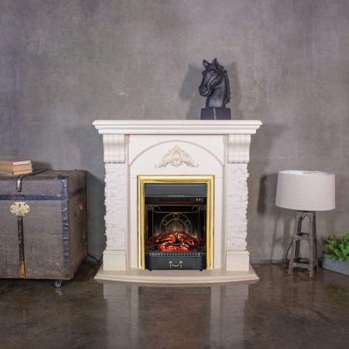 Электрокамин RealFlame Athena WT белый дуб с золотой патиной с очагом Majestic Lux Brass фото 8