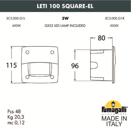 Светильник для подсветки лестниц встраиваемый FUMAGALLI LETI 100 Square-EL 3C3.000.000.LYG1L фото 2 Светильник для подсветки лестниц встраиваемый FUMAGALLI LETI 100 Square-EL 3C3.000.000.LYG1L фото 2