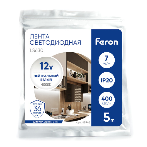Светодиодная COB лента Feron LS630, 400SMD(2110)/ 7Вт/м 12V 5000*3*1.8мм 4000K, IP20 фото 5