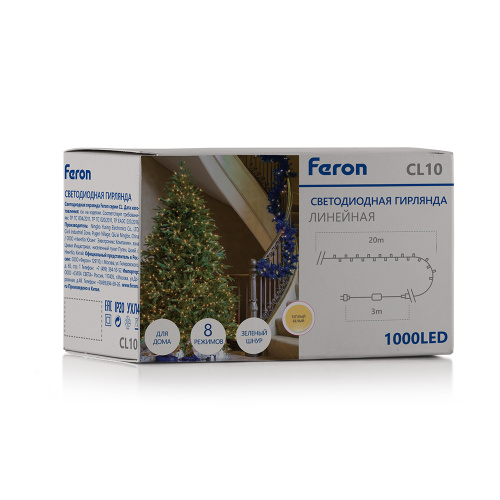 Светодиодная гирлянда Кластер Feron CL10 линейная 20м + 3м 230V 2700К, c питанием от сети, зеленый шнур фото 2