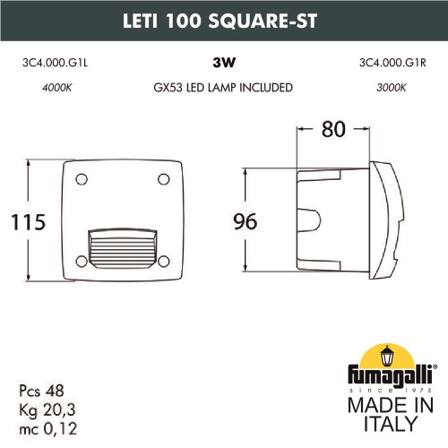 Светильник для подсветки лестниц встраиваемый FUMAGALLI LETI 100 Square-ST 3C4.000.000.AYG1L фото 2 Светильник для подсветки лестниц встраиваемый FUMAGALLI LETI 100 Square-ST 3C4.000.000.AYG1L фото 2