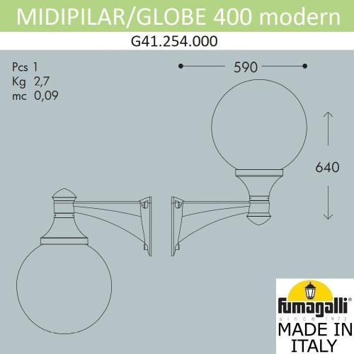 Fumagalli Светильник уличный настенный FUMAGALLI MIDIPILAR/GLOBE 400 modern G41.254.000.LYE27 фото 2 Fumagalli Светильник уличный настенный FUMAGALLI MIDIPILAR/GLOBE 400 modern G41.254.000.LYE27 фото 2