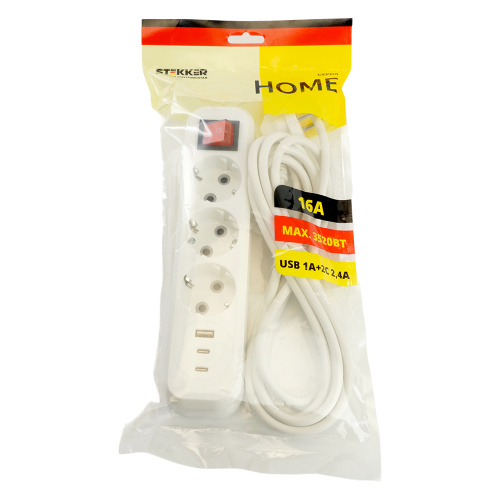 Удлинитель 3-местный с/з с выключ. STEKKER HM071-31-02 3x1мм2, 2м, 250В, 16А, 1USB+2C, 2.4A, сер Home, белый фото 10