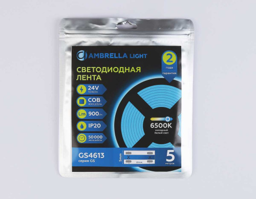 Светодиодная лента Ambrella Light GS4613 COB 400Led/10W m/ 24V IP20 6500K/ 5m*5mm*2.1mm (2 конт.) GS4613 фото 6