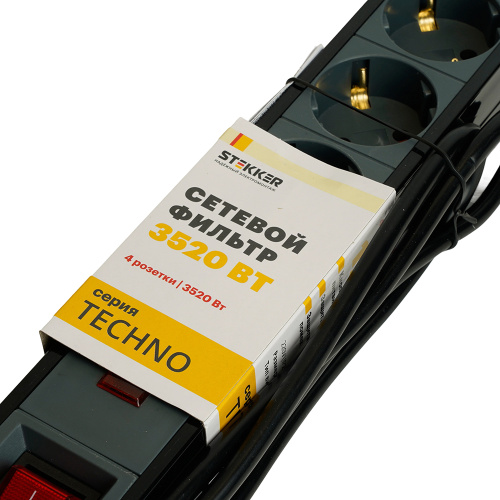 Сетевой фильтр 3-местный с/з STEKKER 3x1мм2, 3 м, 250В, 16А, серия Techno, HM22-31-03, черный фото 9