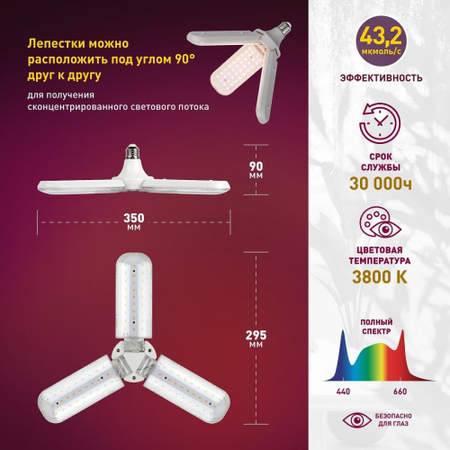 Фитолампа для растений ЭРА E27 24 Вт FITO-24W-Ra90-FOLD Б0057285 фото 10