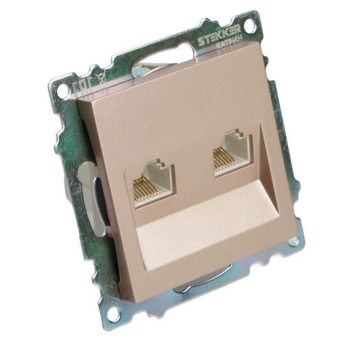 Розетка компьютерная 2-местная RJ-45 (механизм) STEKKER GLS00-7109-02, серия Катрин, шампань фото 3
