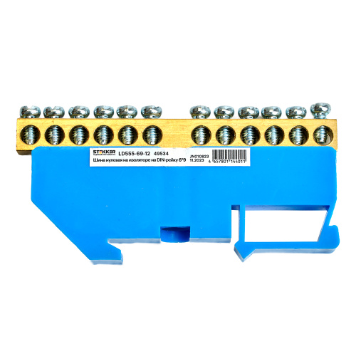 Шина"N" на изоляторе STEKKER 6*9 на DIN-рейку 12 выводов, синий, LD555-69-12 фото 3