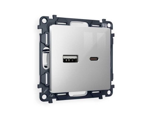 Комплект механизма розетки AMBRELLA VOLT ALFA Серебро глянец 2USB A+C 20W (быстрая зарядка) QUANT (AP4110, VM177) MA411010