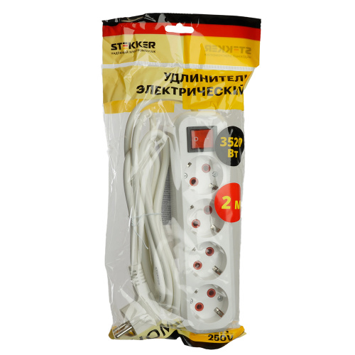 Удлинитель четырехместный с/з  с выключ. STEKKER HM07-41-02 3x1мм2, 2м, серия Home (У16А-003), белый фото 9