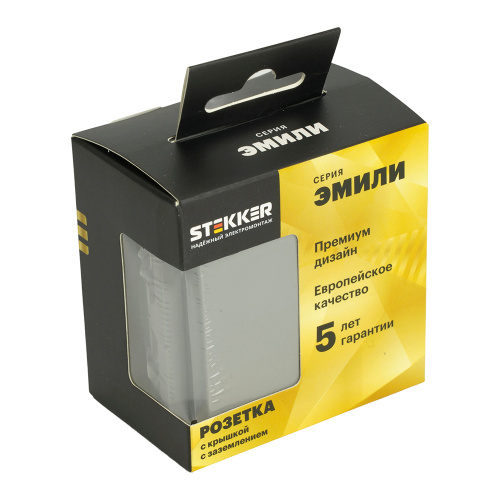 Розетка 1-местная с крышкой с защ. штор, STEKKER, с/з, IP42, 250В, 16А, серия Эмили, RST16-5112-10, платиново-серый, soft touch фото 2