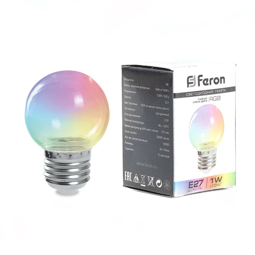 Лампа светодиодная Feron LB-37 Шарик прозрачный E27 1W RGB быстрая смена цвета Лампа светодиодная Feron LB-37 Шарик прозрачный E27 1W RGB быстрая смена цвета