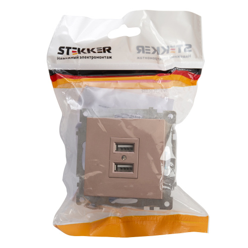 Розетка USB 2-местная (механизм), STEKKER GLS10-7115-02, 250B, 2,1A, серия Катрин, шампань фото 5