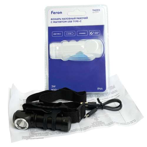 Фонарь налобный Feron TH2313 с аккумулятором 3W 1COB USB IP44, алюминий фото 6