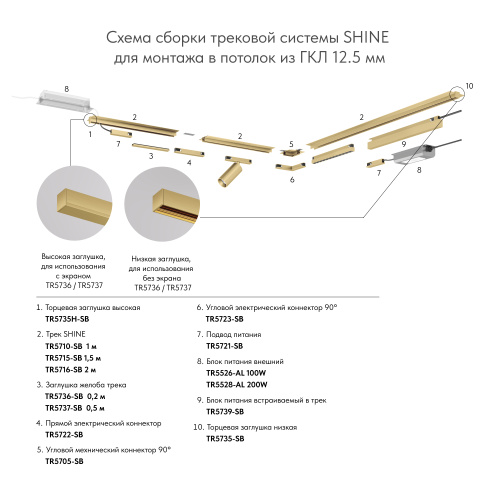 Трек SHINE HIDE для ГКЛ 12,5мм, 2м, 48В DC, IP20, сатинированная латунь, алюминий фото 2